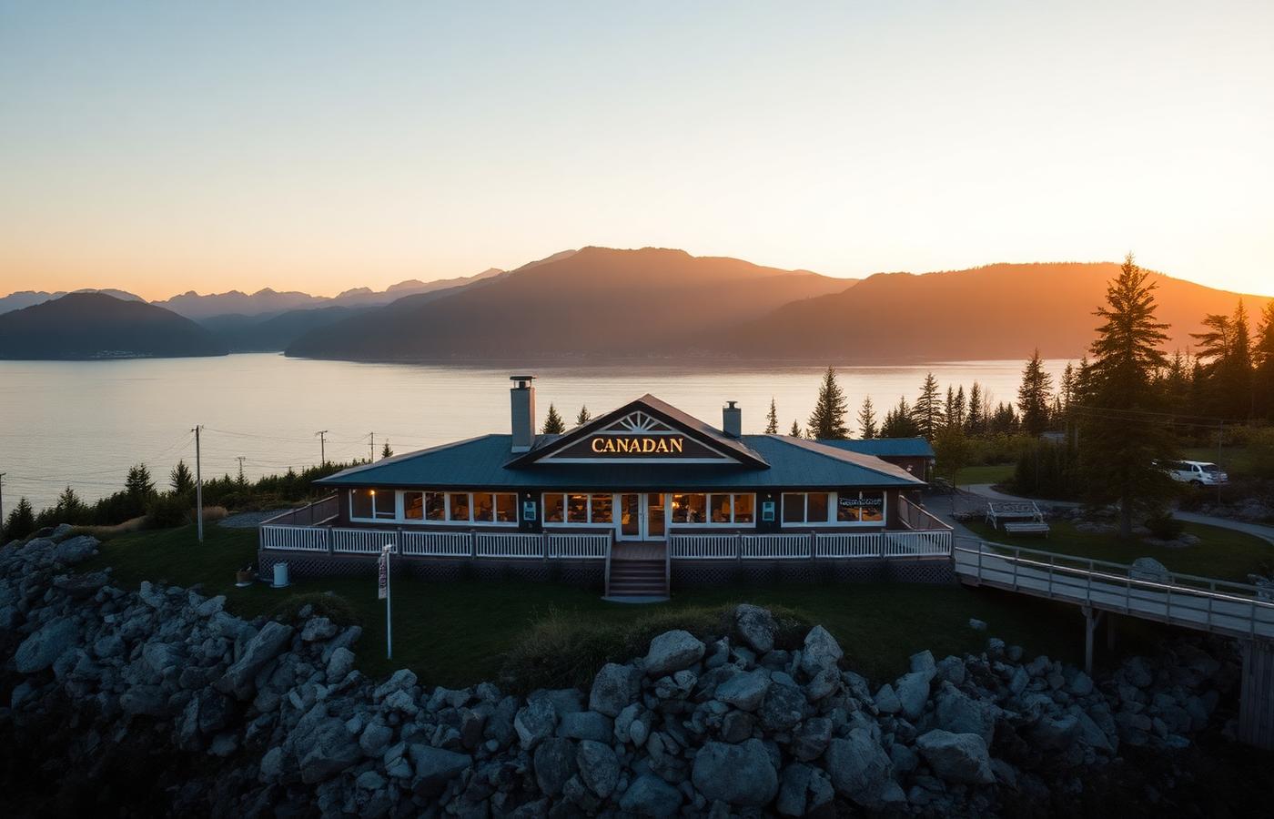 Canadian coastal restaurant at sunset